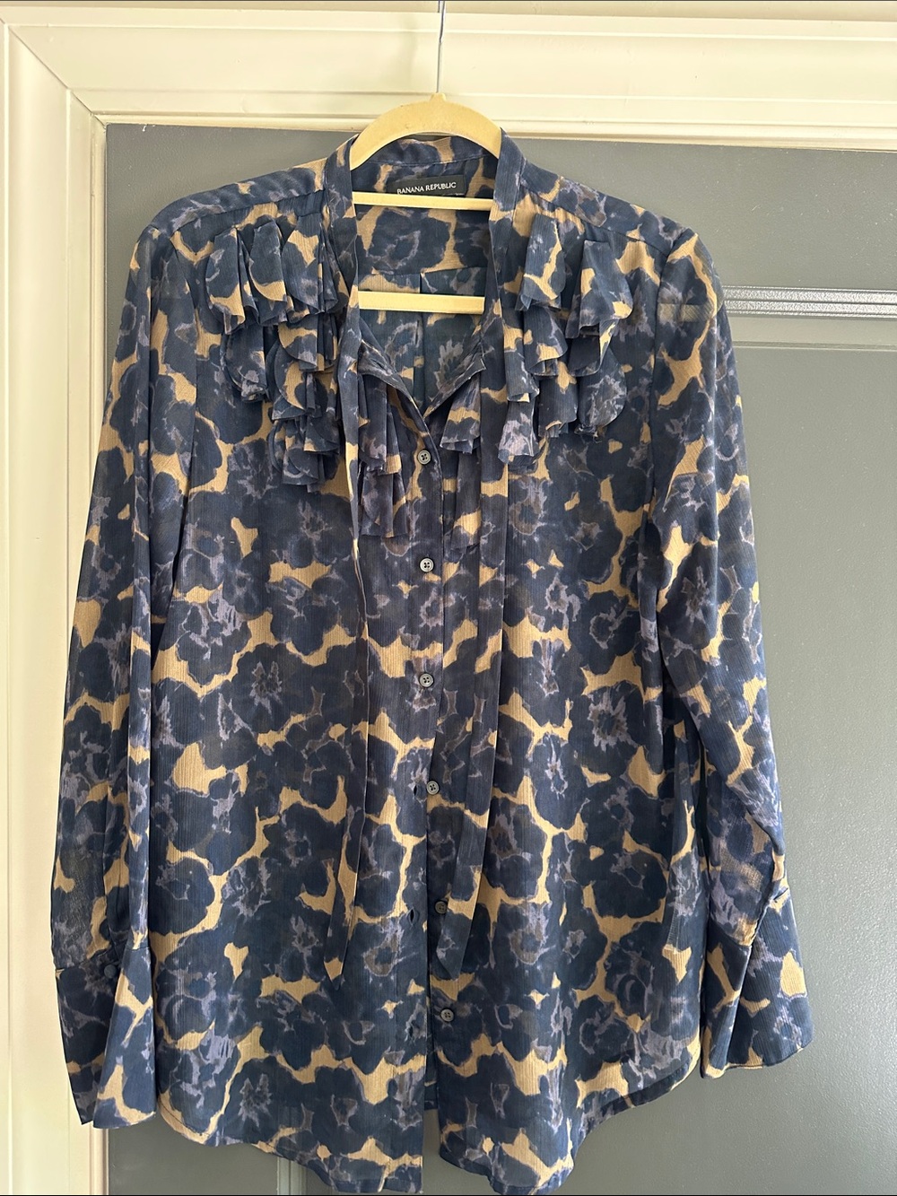 Banana Republic Navy and Tan Floral Ruffle Button-Down Top